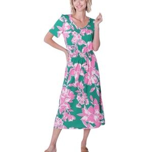 Kim & Co Floral Brazil Knit Travel Short Sleeve Midi Dress XL Green Pink